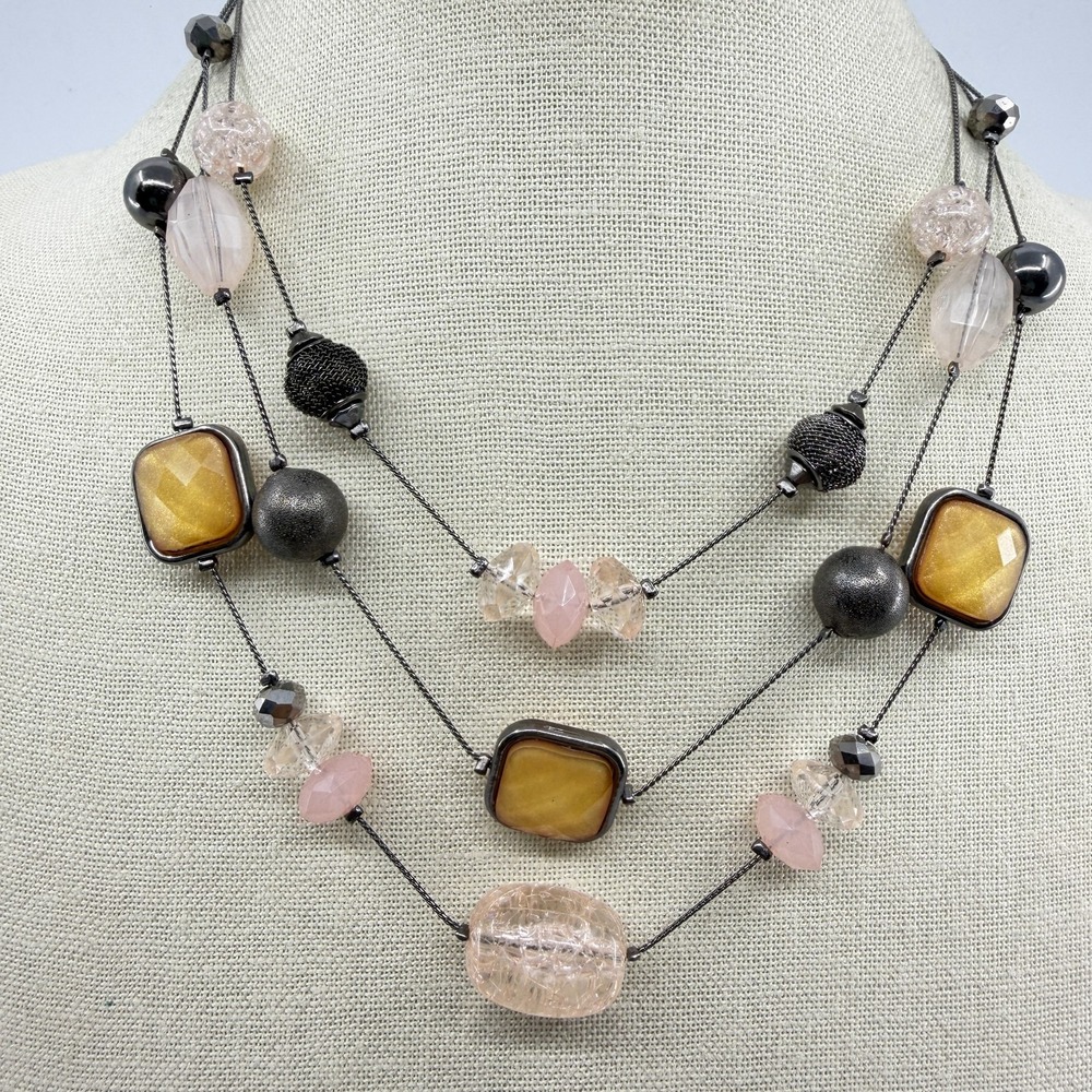 Multi-Strand Statement Necklace Gold & Amber Tone Pink Beads Boho Layered Fall